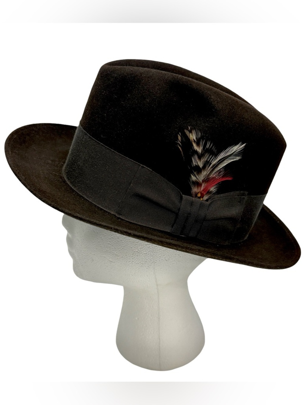 Flechet Classic Vintage Brown Fedora Hat with Feather Trim